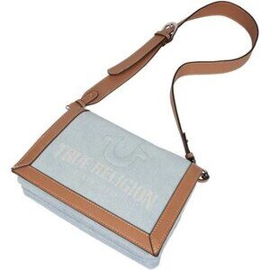 True Religion Women’s Denim Tan Leather Crossbody Bag Multi-Compartment NWT